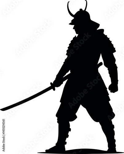 Epic Samurai Warrior Silhouette Vector Illustration – Dynamic Japanese Swordsman with Katana, Traditional Armor, and Bushido Spirit Evoking Historical Combat, Timeless Heritage, and Martial Art Legacy