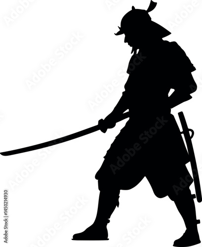 Epic Samurai Warrior Silhouette Vector Illustration – Dynamic Japanese Swordsman with Katana, Traditional Armor, and Bushido Spirit Evoking Historical Combat, Timeless Heritage, and Martial Art Legacy