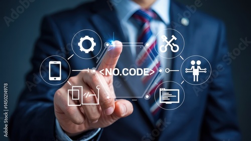 Businessman interacting with a no-code technology interface.