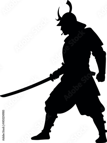 Epic Samurai Warrior Silhouette Vector Illustration – Dynamic Japanese Swordsman with Katana, Traditional Armor, and Bushido Spirit Evoking Historical Combat, Timeless Heritage, and Martial Art Legacy