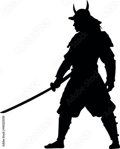 Epic Samurai Warrior Silhouette Vector Illustration – Dynamic Japanese Swordsman with Katana, Traditional Armor, and Bushido Spirit Evoking Historical Combat, Timeless Heritage, and Martial Art Legacy