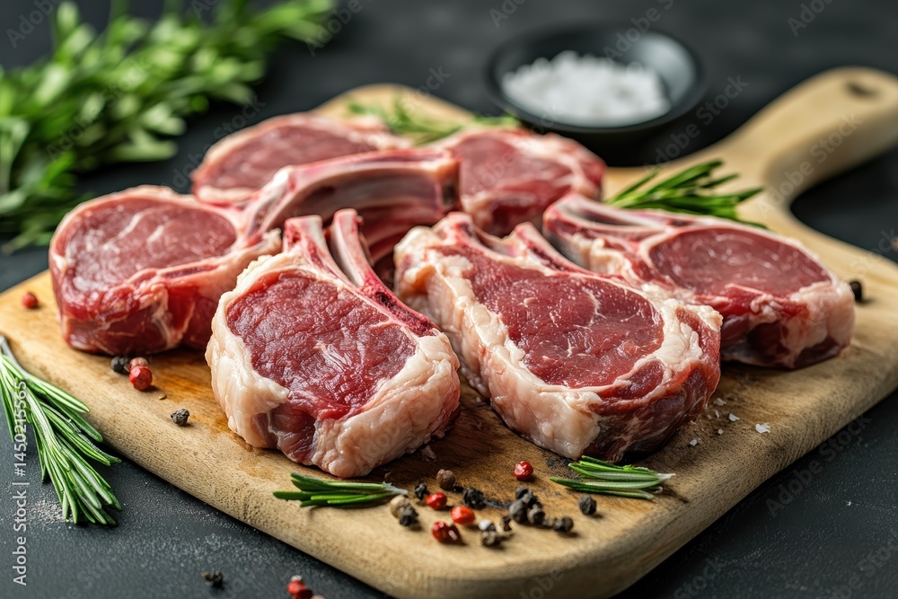 Freshly cut lamb chops arranged on a wooden cutting board with herbs and spices Freshly cut lamb chops arranged on a wooden cutting board with herbs and spices
