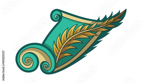Teal scroll with golden quill and flourishes