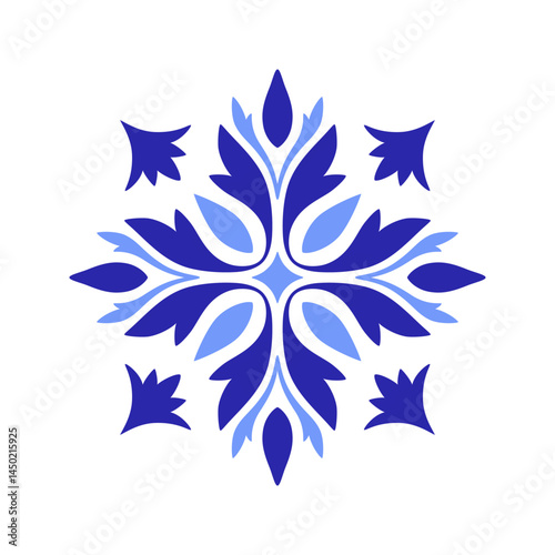 Mediterranean blue motif on white background. Traditional ethnic Portuguese, Moroccan, Spanish ornament, mosaic design. Vector illustration