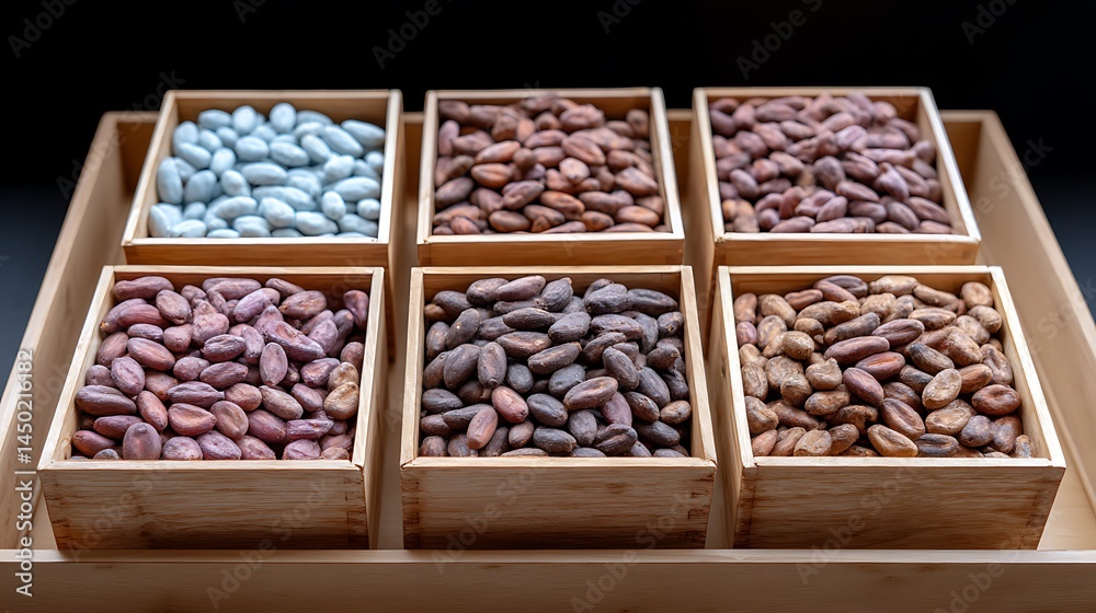 Assorted Cacao Beans in Wooden Boxes with Dark Background. Assorted Cacao Beans in Wooden Boxes with Dark Background.