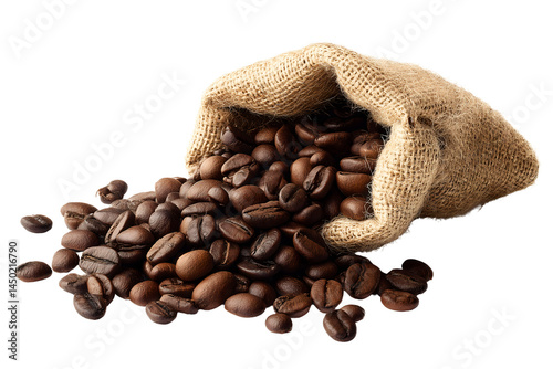 Coffee Beans in Burlap Sack, Organic Coffee Beans, Roasted Coffee Beans on White Background or Transparent PNG photo