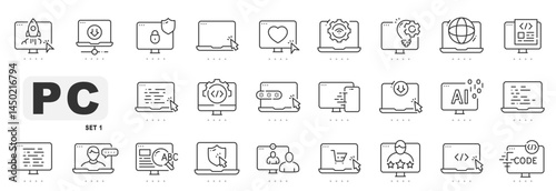 Set of computer related line icons. Laptop, monitor, computing, pc etc. Editable stroke