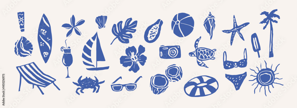 Fototapeta premium Flat vector doodle summer vacation elements
