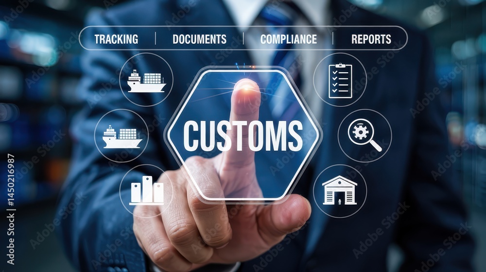 Businessperson interacts with digital customs interface. Businessperson interacts with digital customs interface.