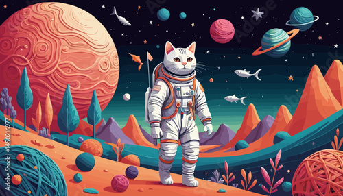 Astronaut Cat in Cosmic Landscape: A whimsical depiction of a cat astronaut exploring a vibrant, surreal cosmic landscape with planets, mountains and surreal details.