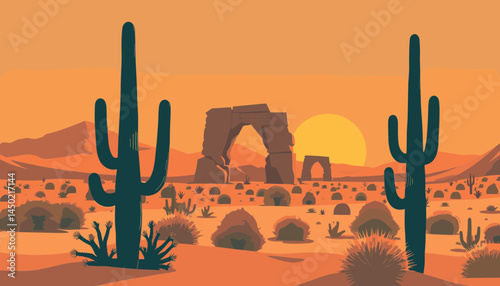 Desert Sunset Serenity: The sun dips low, casting warm hues over a vast desert landscape, punctuated by towering cacti and the distant silhouette of a stone arch, evoking the calm solitude of nature.
