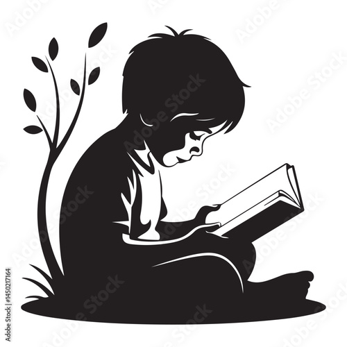 Kid Boy Child Read a Book Vector Black silhouettes. with white background