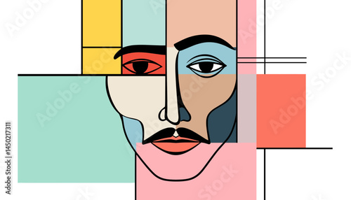Abstract Face Composition: A unique digital art piece featuring a stylized human face composed of geometric shapes and vibrant colors, exploring themes of identity and perception.