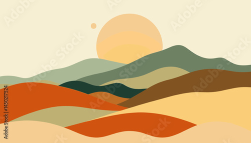 Serene Mountainscape: Abstract illustration of mountains, sun, and natural tones. Depicting a tranquil landscape under a warm sun with calming colors.