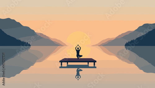 Serene Yoga by the Lake: A silhouette performs a graceful yoga pose, exuding inner peace and balance. the tranquil lake mirror the setting sun.