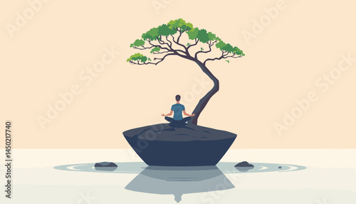 Serene Meditation: A person find the peace of mind in meditation beneath a graceful bonsai tree. The scene is a visual poem.