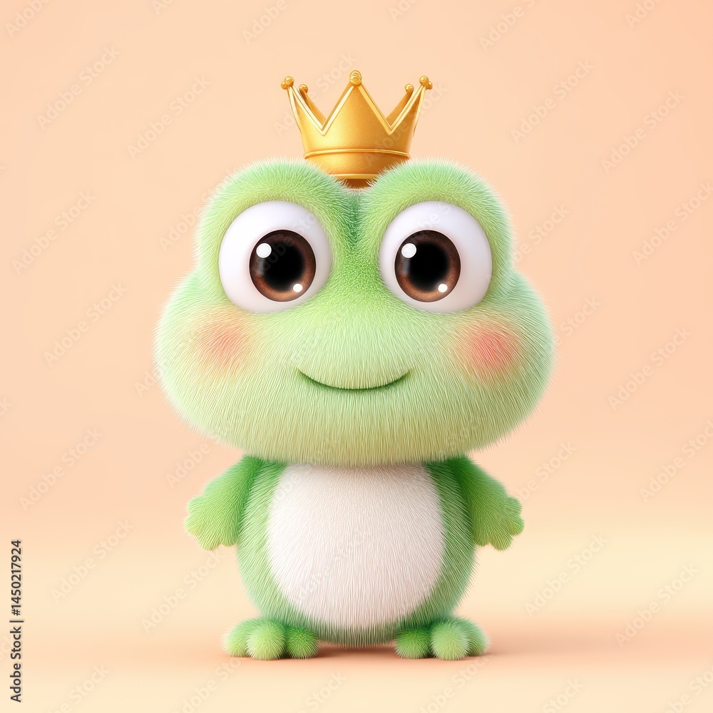 Obraz premium Adorable Cartoon Frog with Golden Crown on Peach Background