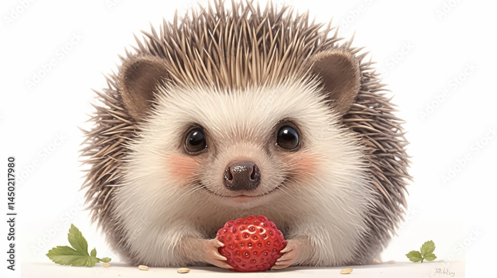 Fototapeta premium Adorable hedgehog holding a tiny strawberry, isolated on a white background