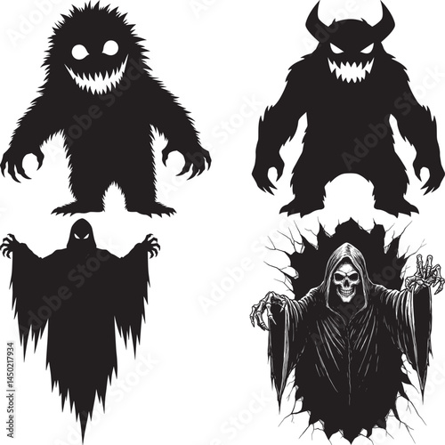 Spooky Monster Silhouettes Furry Creatures Horned Beasts and Ghostly Figures for Horror Fantasy Themes  