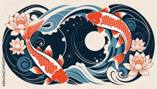 Koi Fish Symbolism: An artistic representation of two Koi fish swimming, symbolizing harmony, balance, and the flow of life. The illustration highlights the beauty of nature and cultural symbolism.