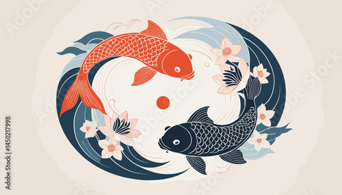 Yin Yang Koi Fish: An artistic depiction of two koi fish gracefully intertwined, symbolizing balance and harmony, as they swim amidst gentle waves and delicate blossoms.