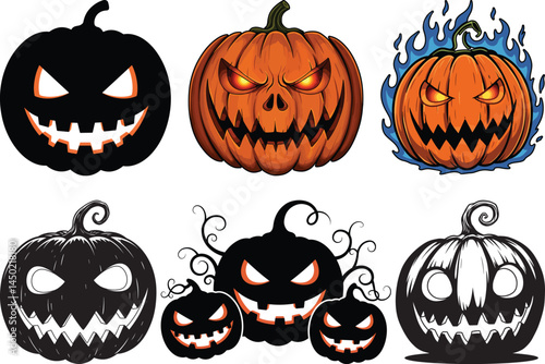 Spooky Jack O Lanterns Glowing Silhouettes and Detailed Carvings for Halloween Decorations  