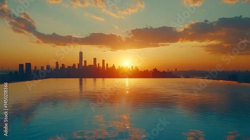 City skyline reflected in a rooftop infinity pool at sunset