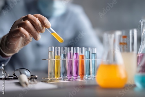 Scientist in lab holding a test tube with yellow liquid, surrounded by other equipment.