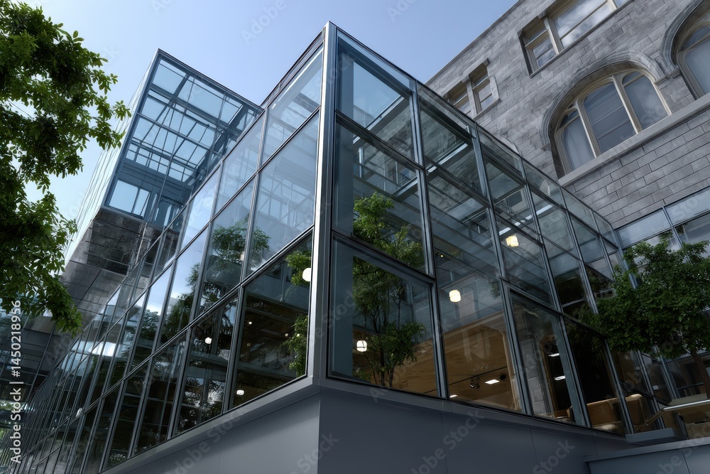 This image captures a unique glass structure seamlessly integrating with its lush surroundings, reflecting modern design principles while encouraging natural light and green spaces. This image captures a unique glass structure seamlessly integrating with its lush surroundings, reflecting modern design principles while encouraging natural light and green spaces.