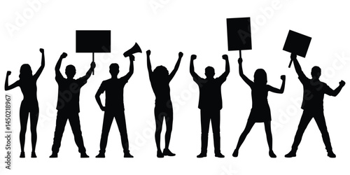 Protester silhouette. Raised sign in protest, man and woman silhouette. People with a sign in protest on a white background.