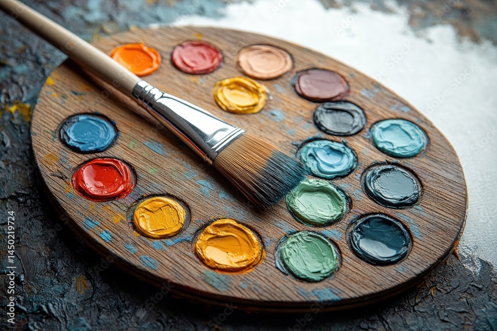 Naklejka premium Creative wooden palette with vibrant paint colors and brush ready for artistic expression