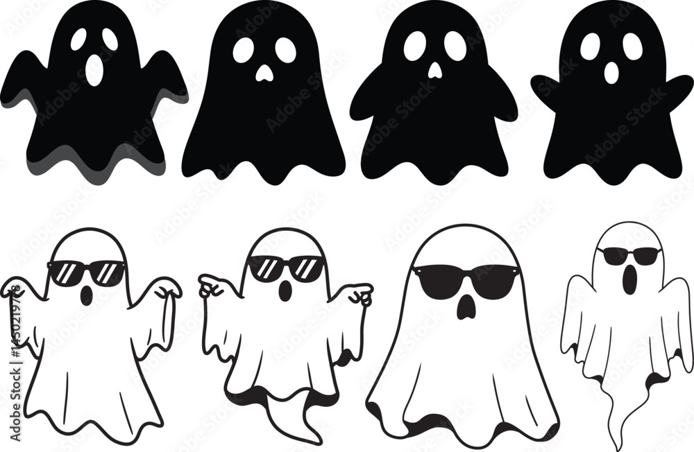 Obraz premium playful ghost illustrations various styles silhouettes figures wearing sunglasses halloween spooky fun