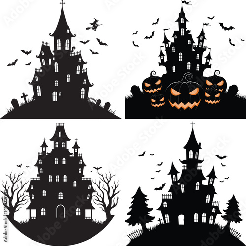haunted house illustrations spooky details bats trees gravestones pumpkins witch halloween designs