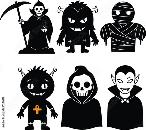 fun halloween character illustrations grim reaper monsters mummy hooded skull vampire  