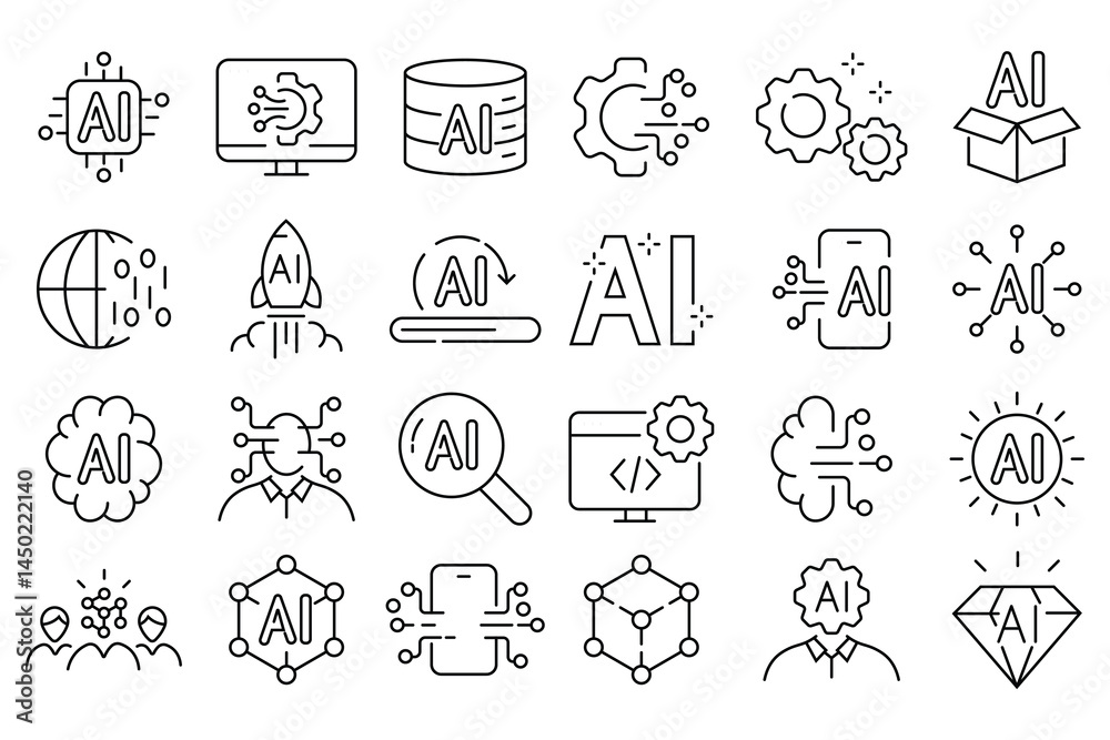 Artificial intelligence set of web icons in line style. outline icon set with machine learning, smart robotic  computing network digital AI technology. Vector graphic illustration.