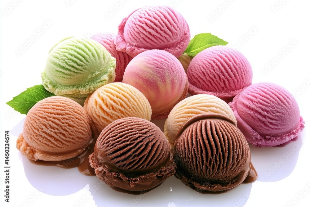 Obraz premium Colorful assortment of ice cream scoops arranged beautifully with mint leaves, showcasing flavors
