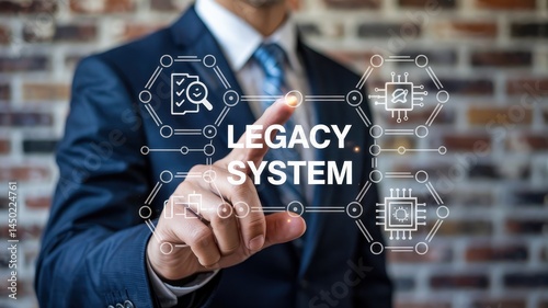 Businessperson interacts with a digital interface displaying legacy system.