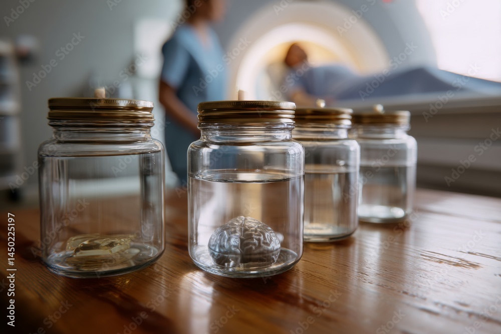 A set of brain models in jars, with an mri machine and a patient in the background A set of brain models in jars, with an mri machine and a patient in the background