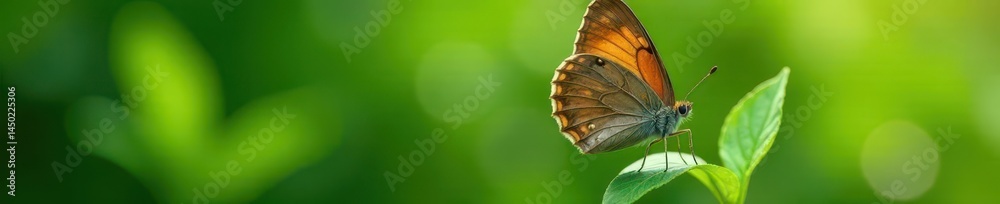 Obraz premium Rustic brown butterfly, delicate circle details, vibrant green foliage, garden, brown, image