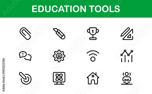 Modern Education Tools Icon Set Vector Illustration. Featuring Essential Symbols for Learning, Teaching, and Study to Enhance for Educational Projects.