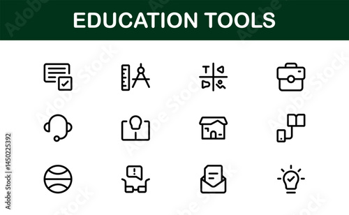 Modern Education Tools Icon Set Vector Illustration. Featuring Essential Symbols for Learning, Teaching, and Study to Enhance for Educational Projects.