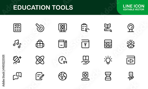 Modern Education Tools Icon Set Vector Illustration. Featuring Essential Symbols for Learning, Teaching, and Study to Enhance for Educational Projects.