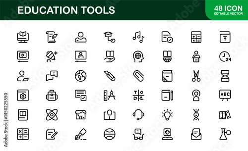 Modern Education Tools Icon Set Vector Illustration. Featuring Essential Symbols for Learning, Teaching, and Study to Enhance for Educational Projects.