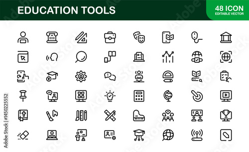 Modern Education Tools Icon Set Vector Illustration. Featuring Essential Symbols for Learning, Teaching, and Study to Enhance for Educational Projects.