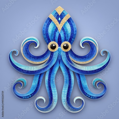 Blue Mosaic Octopus Illustration with Gold Accents photo