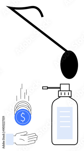 Stethoscope and sanitizer bottle paired with dropping coins into an open hand. Ideal for healthcare, funding, hygiene, economy, wellness, public health, simple landing page