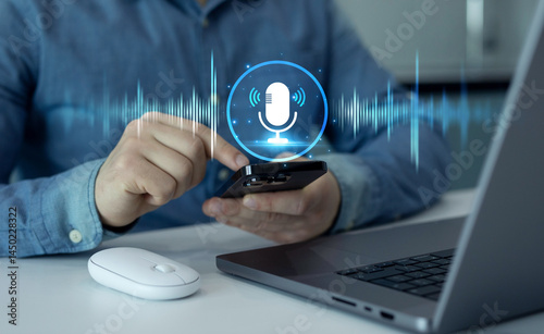 Voice recording and voice search concept.Sound recording or voice search with ai, speaker, music, voice message,assistance and marketing.Person using smartphone with virtual microphone.	