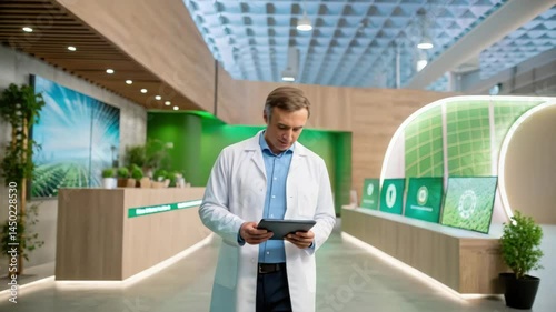 Wallpaper Mural Hydrogen fuel innovation, A confident professional in a lab coat holds a tablet, standing in a modern, green-themed office space filled with plants and natural light. Torontodigital.ca