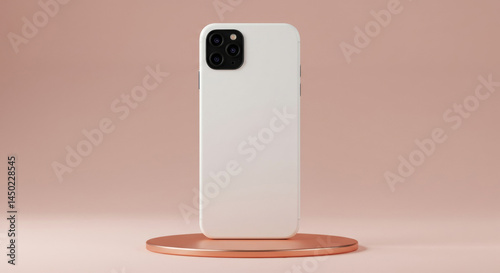 White smartphone mockup standing on a rose gold circular platform against a pale pink background.