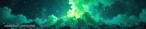 Luminous green eruption against a backdrop of swirling blue nebula dust, light, illustration, astronomy